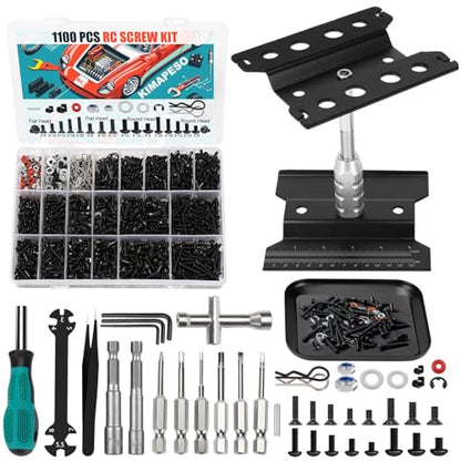 RC Car Repair Work Stand, 1100pcs RC Screw Kit and Vehicle Scale Accessories for Traxxas Axial Redcat Arrma HPI HSP SCX10 RC4WD 1/8 1/10 1/12 1/16 Scale RC Crawler Truck Buggy Car - color: Black