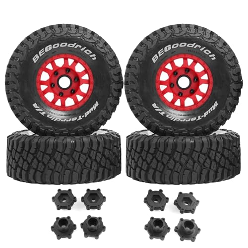 1/7 1/8 1/10 RC Short Course Truck Tires OD 4.96" and Wheels 12mm 14mm 17mm Hex for 1:10 1:8 1:7 Scale Off Road Truck Car ARRMA Mojave 4S 6S TRAXXAS Slash 2WD FS FSR Axial Losi Rc4wd (Red) - color: Red