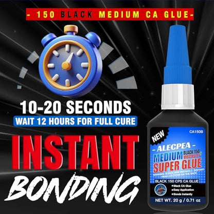 Black CA Glue 20g 150CPS Medium Super Glue for Wood & Leather | Cyanoacrylate adhesive for glass, metal, ceramic, rubber, jewelry, woodworking, hobby models and DIY crafts, Medium 150 CPS