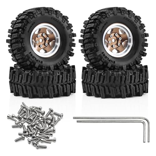 1.3" Beadlock Wheels and Tires 64mm (2.52in) for SCX24 TRX4M 1/18 1/24 RC Crawlers – Aluminum Rims, Soft Rubber Tires with Foam Inserts, Easy-Install Upgrade Parts (Bronze 205) - color: Bronze 205