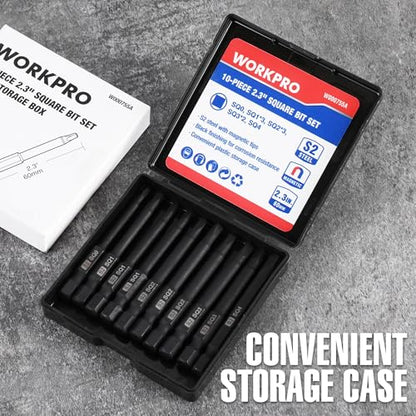 WORKPRO 10PCS Square Drive Bit Set, Magnetic Impact Screwdriver Bits | S2 Steel, 1/4" Hex Shank, Storage Box, CNC Precision Machining, Heat Treated - color: Square