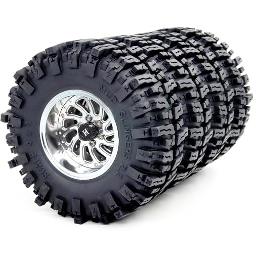124mm Tall 2.2 Mud Slingers Tires & 2.2 Beadlock Wheels Adjustable Offset 40mm Wide Rims for RC Crawler Trail SCX10 Everest 10 Capra Wraith Upgrades,HS701582 - color: Silver