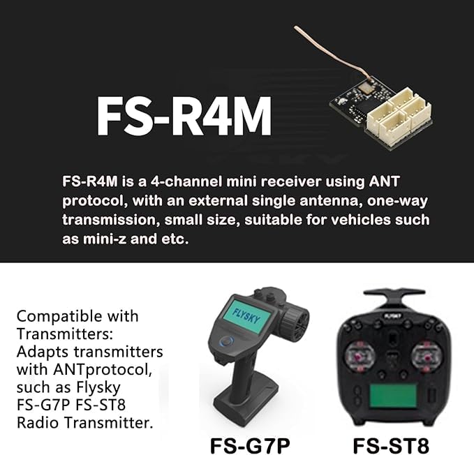 Flysky FS-R4M 4CH Receiver 2.4GHz ANT for FS‑G7P, FS‑ST8 | ANT Protocol with PWM Output. Single Antenna for Stable Signal. Two‑way Transmission. Compact & Lightweight