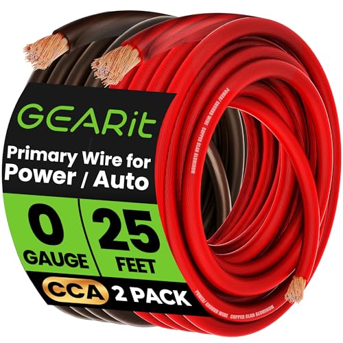 GEARit Black Red 0 Gauge Wire 25 ft Set, 1/0 Gauge Wire 25 ft CCA Battery Cable, 0 Gauge Power Ground Wire for Car Audio Amp, RV - color: Black/Red, size: 25ft Each