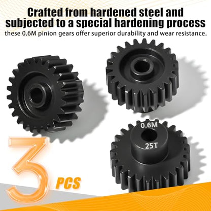 3PCS 0.6M Hardened Steel Pinion Gear Set with 3.175mm Shaft, 0.6 Metric Pitch 23T 24T 25T Pinion Gears for 540 550 Brushed Brushless Motor, Compatible with 1/10 Tamiya Redcat HSP HPI RC Car - size: 23 24 25T