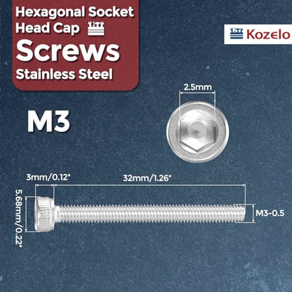 30pcs Socket Head Cap Screws - [M3-0.5 x 32mm] 304 Stainless Steel Allen Socket Drive for Electrical Motor 3D Printing Fan Engine Replacement Use, Silver - size: M3-0.5x32mm