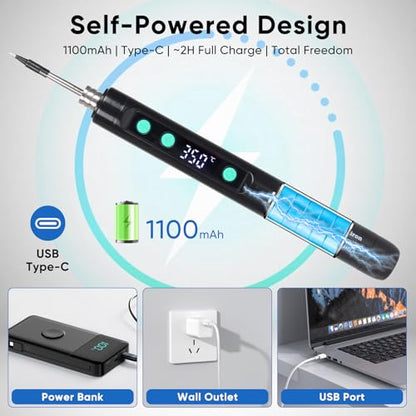 Cordless Soldering Iron Kit, 1100mAh USB-C Rechargeable Soldering Iron with LCD Screen, Portable Battery Powered Soldering Pen for Electronics Repair, Hobby DIY Projects