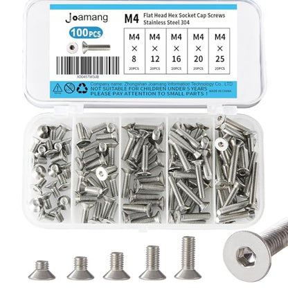 M4 x 8mm 12mm 16mm 20mm 25mm Flat Head Hex Socket Cap Screws Countersunk Bolts, Stainless Steel 304, Metric Allen Hex Drive, Bright Finish, Fully Threaded, Assortment Kit 100PCS - size: M4 x 8/12/16/20/25 mm
