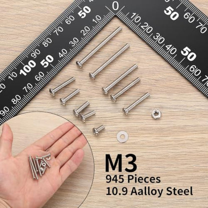 945 Pcs M3 Screws Assortment Kit, Metric Nuts and Bolts Assortment Kit, Hex Socket Button Head Cap Screw Bolts and Nuts Kits, Hex Socket Screw Set, Machine Screws Set, with Spanner(Silver) - size: M3