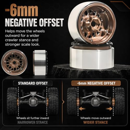 4PCS 1.9" RC Beadlock Wheels with12mm Hex & -6mm Offset Aluminum 30mm Wide Rims for 1/10 RC Crawler, Compatible with TRX4 TRX6 SCX10 SCX10 II III Gen8 RC4WD D90 90046 AXI03007 - color: Black-Bronze