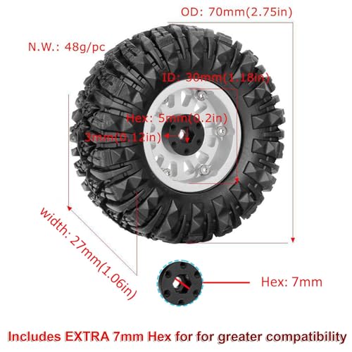 1.3” All-Terrain Tire and Wheel Set, Metal Beadlock 5mm & 7mm Hex Wheels for SCX24 TRX4M 1/12 1/14 1/18 1/24 RC Crawler Car (D, Black) - color: D, Black