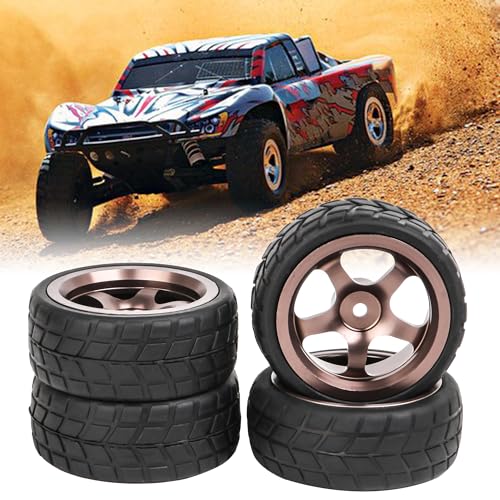 Mxfans 4Pcs 1:10 RC On-Road Wheels Grey 5-Spoke Alloy Rims | Black square pattern rubber tyres. For 1:10 RC on-road racing. Durable, great grip and handling.