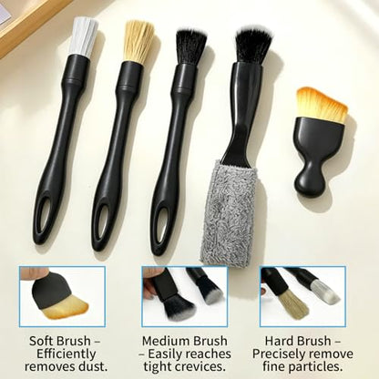 5 PCS Car Detailing Brush Set-Car Interior & Exterior Soft Boars Bristle Cleaning Brushes,Dusting Cleaning Supplies for Auto Detailing, Dashboard, Vents, Wheels,Tires,Leather Seat