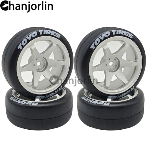 RC 1/10 Drift Tires & Aluminum Wheels 12mm Hex OD 65mm Hard Drift Racing Smooth Tyres for 1:10 1/12 Rally Street On Road Touring Car TT01 TT02 XV02 XV01 TA06 HPI KYOSHO PTG2 4PCS (Silvery) - color: Silvery