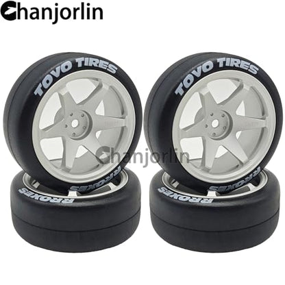 RC 1/10 Drift Tires & Aluminum Wheels 12mm Hex OD 65mm Hard Drift Racing Smooth Tyres for 1:10 1/12 Rally Street On Road Touring Car TT01 TT02 XV02 XV01 TA06 HPI KYOSHO PTG2 4PCS (Silvery) - color: Silvery