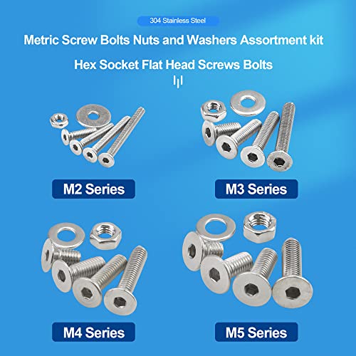 NINDEJIN 580 PCS Hex Socket Flat Head Cap Screws Kit, Metric M2 M3 M4 M5 304 Stainless Steel Screw Bolts and Nuts and Washers Assortment Set with Hex Wrenches, Machine Screw Assorted Fasteners - size: 580 Hex Flat Head Socket Screws Nuts