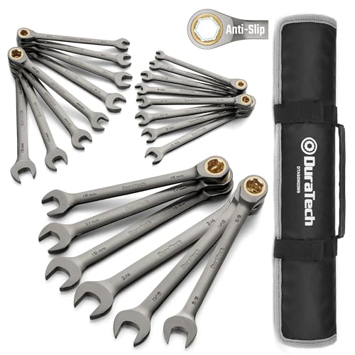 DURATECH Anti-Slip Ratcheting Wrench Set, 22-piece, Metric & SAE | Combination Wrench Set, 1/4" to 3/4" & 6-18mm, 72-Tooth, CR-V Steel, Nickel Plating - style: Anti-slip
