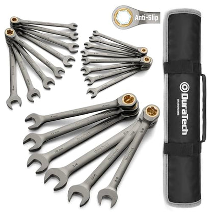DURATECH Anti-Slip Ratcheting Wrench Set, 22-piece, Metric & SAE | Combination Wrench Set, 1/4" to 3/4" & 6-18mm, 72-Tooth, CR-V Steel, Nickel Plating - style: Anti-slip