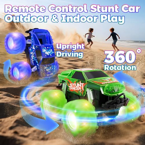 Drefirsa Waterproof Remote Control Monster Truck, Remote Control Car Toy | Amphibious, 4WD All Terrain RC Truck with Colorful Light, RC Stunt Car Toy for 6 7 8 9 10 11 12 Year Old Boy Birthday Gift - color: Blue