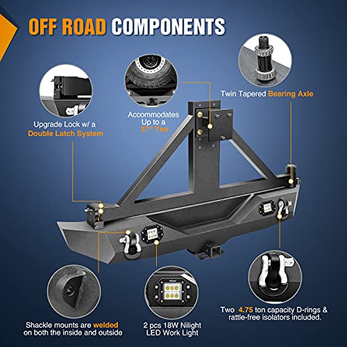 Nilight Rear Bumper & Spare Tire Rack & Hitch Receiver w/2 LED Lights Compatible for 2007-2018 Wrangler JK for 2007-2018 Wrangler JK & Unlimited - color: Rear Bumper&Spare Tire Rack