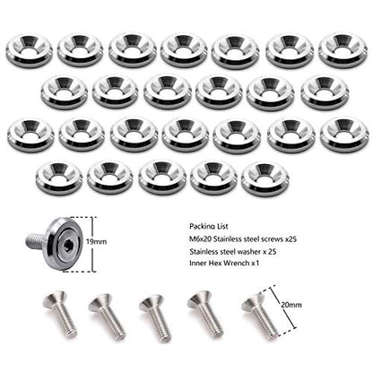 STETION 25 Pcs Fender Bumper Washer Bolt Stainless Steel M6x20mm CNC Finishing Washer Engine Bay Dress Up Fastener Kit (SS) - color: SS