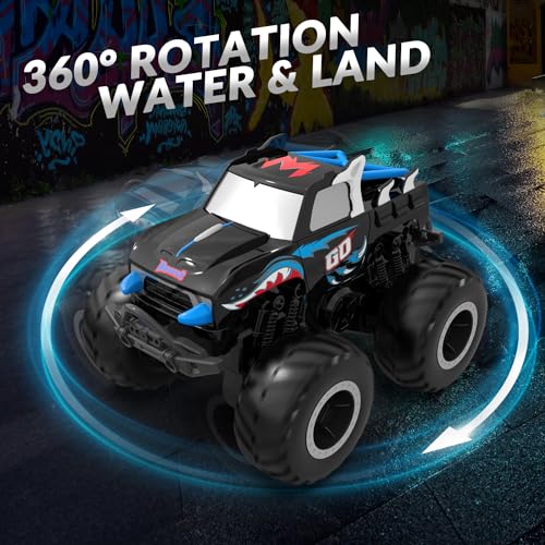 STEMTRON RC Monster Truck 1:20 All Terrain Off-Road Amphibious RC Car | Waterproof Car Toy Gifts 2.4GHz 360° Rotation Remote Control Boat Vehicle Toy Pool Beach Sand for Kids Boys Girls - color: Blue Truck, size: 1:20 Scale