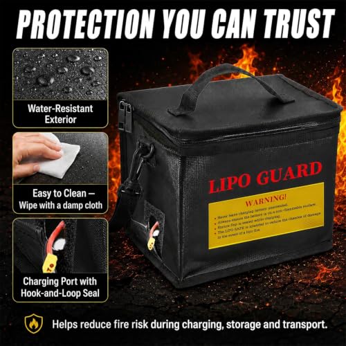LiPo Safe Bag Fireproof Explosionproof Battery Storage & Charge Safe Pouch | Fire Resistant Large Capacity Battery Guard Bag with Side Charging Port, Double Zipper, Reinforced Handle & Shoulder Strap - color: Black