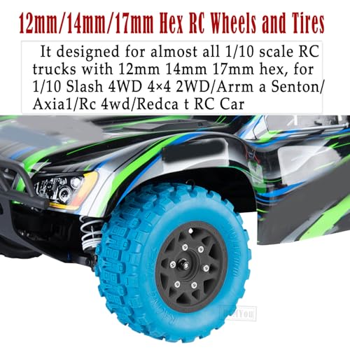 RC F/R Wheels and Tires Set w/Detachable Replace Running on Off-Road Tire RC Wheel Hex for 1/10 Slash 4WD 4×4 2WD/Arrm a Senton/Axia1/Rc 4wd/Redca t,12mm/14mm/17mm Hex,Black-Navy Blue（4PCS - color: Black-navy Blue(rc Wheels Tires)