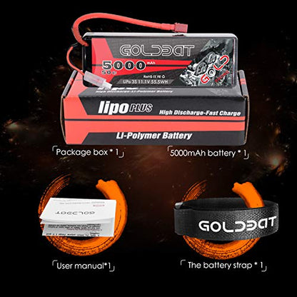 GOLDBAT 11.1V 5000mAh 3S 50C LiPo RC Battery Hard Case Pack with T Connector for Emaxx Axial RC Car Truck Buggy Truggy Vehicle - size: 1 PACK