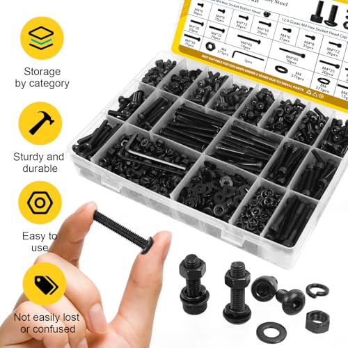 1500PCS M4 Screws with Nuts Assortment Kit, M4x6/8/12/16/20/25/30/40 mm Hex Socket Button & Cap Head Bolts Nut and Washers Set, 12.9 & 10.9 Grade Black Zinc Plated for DIY, 3D Printer - size: M4 1500pcs