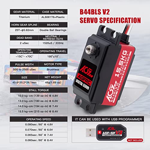 AGFRC B44BLS V2 15.5KG 0.060s Low-Profile RC Servo | 0.060s/60°, 8.4V HV, Brushless, Programmable, Titanium Gear, 2BB, for 1/10-1/12 RC Cars, Trucks, Planes, 48g