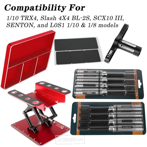 RC Tool Kit w/Height Adjustable Work Stand, 1.5 2.0 2.5 3.0mm Hex, 4.0 5.5 7.0 8.0mm Nut Driver, 17mm Wheel Socket &Screw Tray for 1/10 TRX4 Slash 4X4 BL-2S SCX10 III SENTON L0S1 1/8,Red - color: Red(1set)