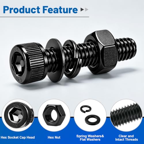 280PCS M6 Hex Socket Head Cap Screw Kit 12.9 Alloy Steel for DIY 3D RC | Black Zinc Plated Bolts and Nuts, Flat & Spring Washers, M6-1.0 x 8-35mm Machine Metric Fastener Set, High Tensile Strength - size: G12.9 M6 280PCS