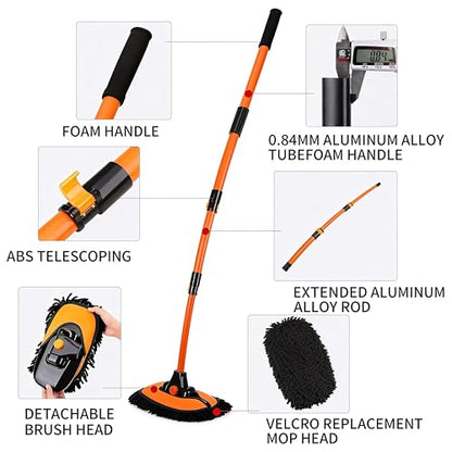 57'' Car Wash Brush with Long Handle Chenille Microfiber Car Wash Kit Mitt Retractable Bent Pole Car Wash Mop for Cars RV Truck Boat (Orange-2) - color: Orange-2