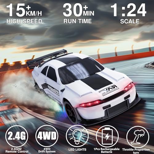 RC Drift Car 1:24 Remote Control Car 4WD 15KM/H High Speed Racing Sport Car with LED Lights RC Cars Toy for Kids Boys Girls Adults Gifts Birthday Christmas - color: White