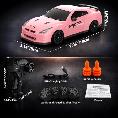Remote Control Car RC Drift Car 2.4GHz 1:24 Scale 4WD 15KM/H High Speed Model Vehicle with LED Lights Drifting Tire Racing Sport Toy Car for Adults Boys Girls Kids Gift - color: C-pink