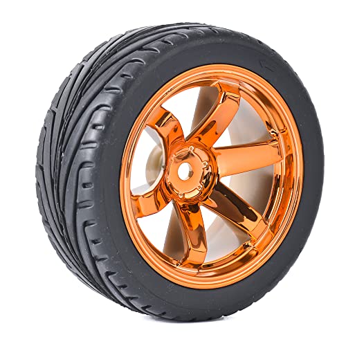 4PCS RC Car Rubber Tires and Plastic Wheels Rims Compatible with 1/10 Scale On Road Touring Racing Flat Drift Car for HSP HPI Tamiya (Orange) - color: Orange