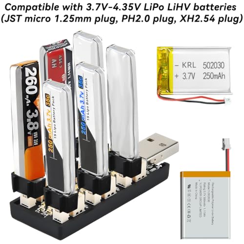 3.7V/4.2V Lipo Battery Charger - 1S Lipo 6 Channel LiHV JST Charger with USB and Micro JST 1.25 JST-PH 2.0mm Plug for Tiny Whoop Blade Inductrix FPV E013 E010 JJRC H67 H36