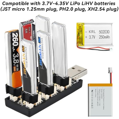 3.7V/4.2V Lipo Battery Charger - 1S Lipo 6 Channel LiHV JST Charger with USB and Micro JST 1.25 JST-PH 2.0mm Plug for Tiny Whoop Blade Inductrix FPV E013 E010 JJRC H67 H36
