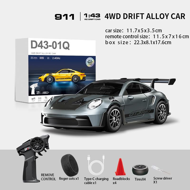 1:43 RC Drift Car 20KM/H with Gyro, 2.4G 4WD Full Proportional Alloy Sport Racing Car, Adjustable Speed, LED Lighting for Teens & Adults-D43-01 - color: Q10/Grey