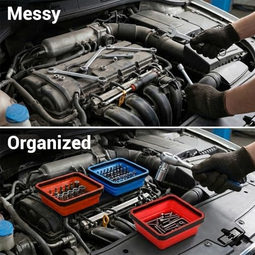 4 Pack Foldable Magnetic Tray Set, 4.5 Inch Square Silicone Magnetic Parts Tray with Dual-Sided Base, Foldable Magnet Trays for Screws Bolts Nuts Washers Pins & Small Metal Parts
