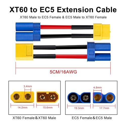 XT60 to EC5 Adapter, 2PCS Male to Female & 2PCS EC5 Male to XT60 Female Connector, 2Inch 14AWG High Temp Silicone Wire for FPV Drone, RC Car, Lipo Battery Charger ESC
