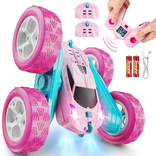QUNREDA RC Cars, Pink Remote Control Car for Girls, 2.4 GHZ Double Sided RC Stunt Car 360° Rotating Remote Control Crawler with Headlights Car Toys for 6 7 8 9 10 11 12 Girls Birthday Gift Grandkids - color: Pink
