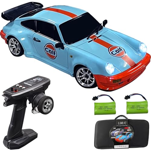 LDRC 1898 1:18 RC Drift Car 911 2.4GHz RWD with Gyroscope on-Road Alloy Body Shell Racing Cars Radio Control (Blue)