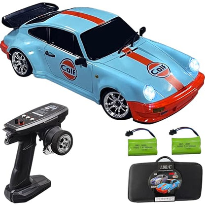 LDRC 1898 1:18 RC Drift Car 911 2.4GHz RWD with Gyroscope on-Road Alloy Body Shell Racing Cars Radio Control (Blue)