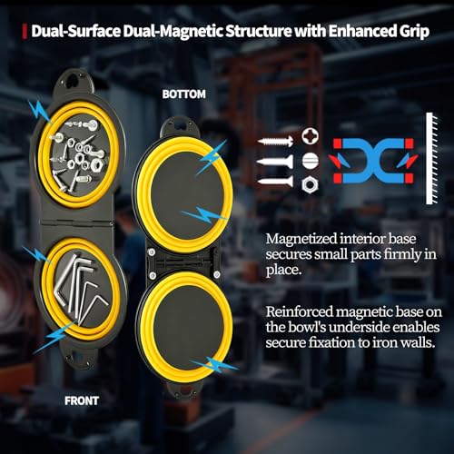 Magnetic Trays, Magnetic Bowl for Screws, Magnetic Tool Tray (yellow2.0) | Collapsible Magnetic Tool Tray, Integrated 5.1" Round Dual Silicone Bowls, Upgraded Version, Bonus Hook for On-the-Go Carry - style: yellow2.0