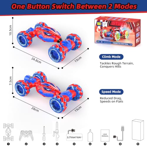 VisionX RC Stunt Car, 4WD 360° Rotating Gesture Sensing Remote Control | Outdoor Cars Toys for Ages 6-12, Double‑Sided with Lights, Music & Spray, 2 Replaceable Batteries - color: Red-spider