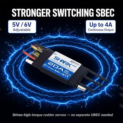 ZTW Shark G2 20A ESC 2-4S Built-in Swithcing BEC 5V/6V 4A Water-Cooling Bidirectional Waterproof Brushless Speed Controller for RC Boat Marine - size: 20A