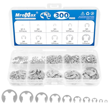 300Pcs Stainless Steel E-Clip Assortment Kit, 10 Sizes M1.5 - M10 | External Circlip Snap Rings Retaining Clips Set for Bearings, Gears, Pulleys, Axles
