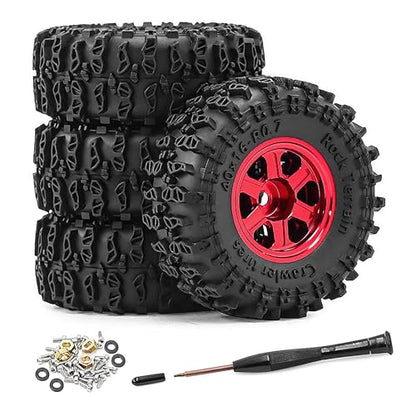 0.7" Aluminum Beadlock Wheel & Crawler Tire Set for 1/30 RC Crawler, CNC Rims, 40 x 16 mm Tires, Includes Screwdriver, Pre-Assembled 4 pcs, Red - color: Red, size: Rock-Trail-Clean-Out